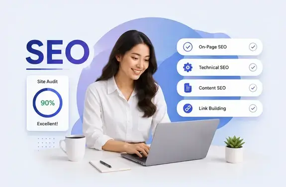 SEO Training Course Philippines hero section design with search engine optimization graphics, keyword rankings, analytics, and digital marketing visuals.