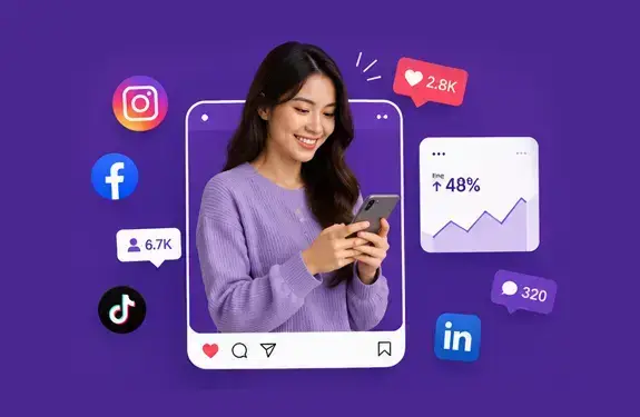 Social media marketing training Philippines hero section design with Asian models, social media icons, and digital marketing graphics.