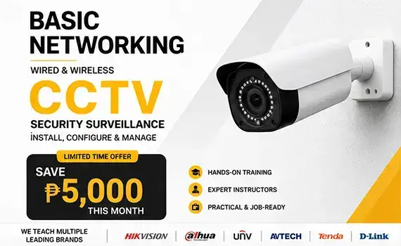 Promotional banner for a Basic Networking and CCTV Security Surveillance course in the Philippines featuring a white dome security camera