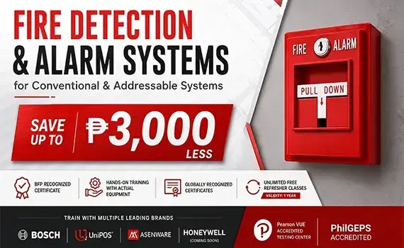 Promotional banner for Fire Detection & Alarm Systems training in the Philippines, featuring a red fire alarm pull station and a discount offer of up to ₱3,000 off.