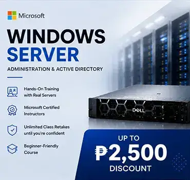 Promotional banner for Microsoft Windows Server Administration and Active Directory training in the Philippines, featuring a server rack image