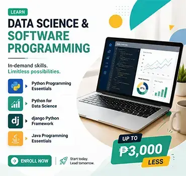 Python Java Data Science Training Course Philippines promo banner with programming, coding, analytics, and technology training visuals.