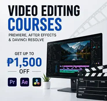Video editing course banner image featuring Premiere Pro, After Effects, and DaVinci Resolve