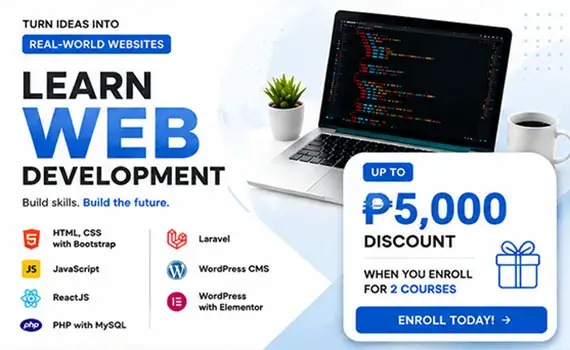 Web development training courses Philippines promo banner offering up to ₱5,000 discount on 2 courses including ReactJS and PHP